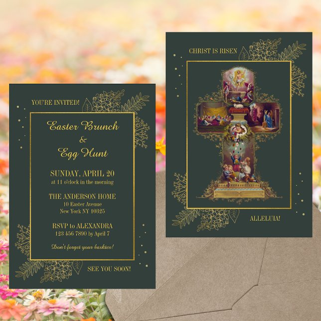 Invitación Caza de huevos de Brunch de Pascua Religioso Crist (Green Religious Christian Catholic Floral Easter Cross Christ is risen Brunch Egg Hunt Invitation)
