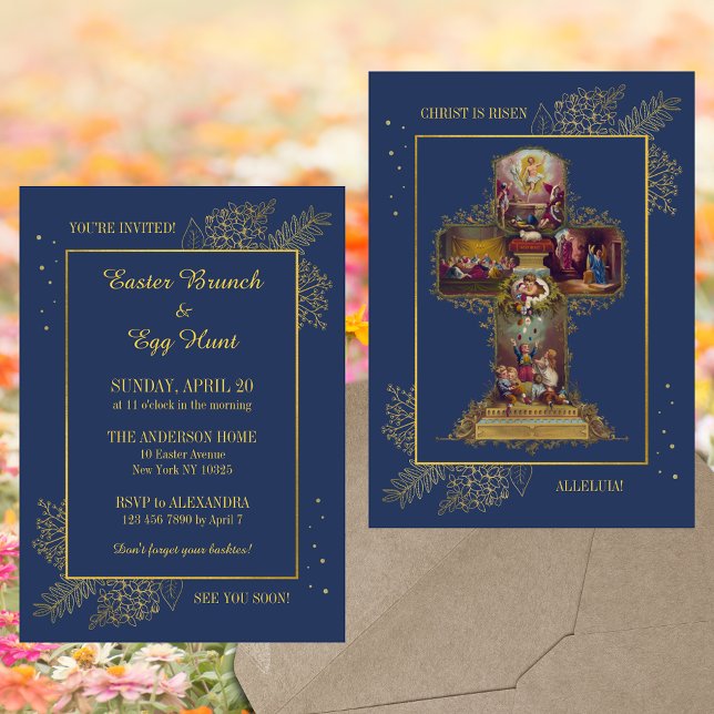 Invitación Caza de huevos de Brunch de Pascua Religioso Crist (Blue Religious Christian Catholic Floral Easter Cross Christ is risen Brunch Egg Hunt Invitation)