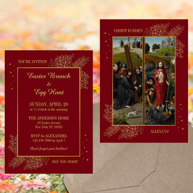 Invitación Caza de huevos de Brunch de Pascua Rojo-Cristiano  (Red Religious Christian Catholic Resurrection Christ is risen Easter Brunch Egg Hunt Invitation)