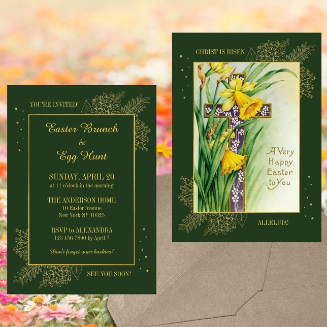 Invitación Caza de huevos de brunch de verano cristiano flora (Spring Floral Cross Religious Christian Catholic Resurrection Easter Brunch Egg Hunt Invitation)