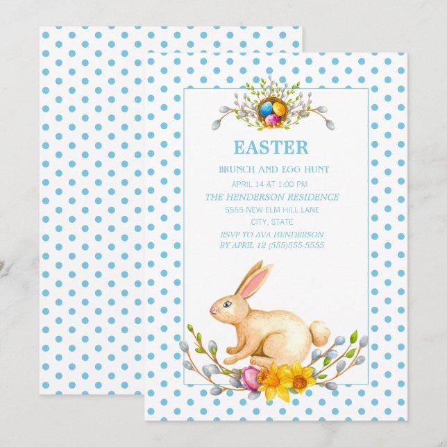 Invitación Caza de huevos de brunch floral de conejo de pascu (Anverso / Reverso)
