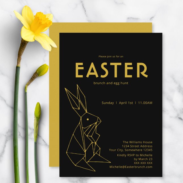 Invitación Caza de huevos de brunch negro y oro de pascua (Front and back)