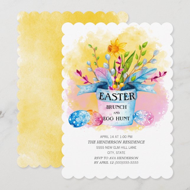 Invitación Caza de huevos de brunch rosado de colmillos amari (Anverso / Reverso)