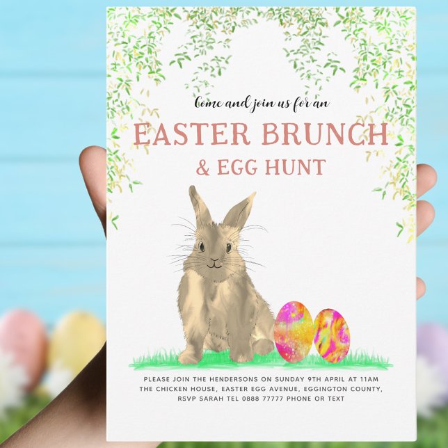 Invitación Caza de huevos de conejo de Pascua y Brunch (Easter brunch and egg hunt cute bunny and colorful eggs invitation)