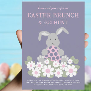 Invitación Caza de huevos de conejo de Pascua y floral rosa d