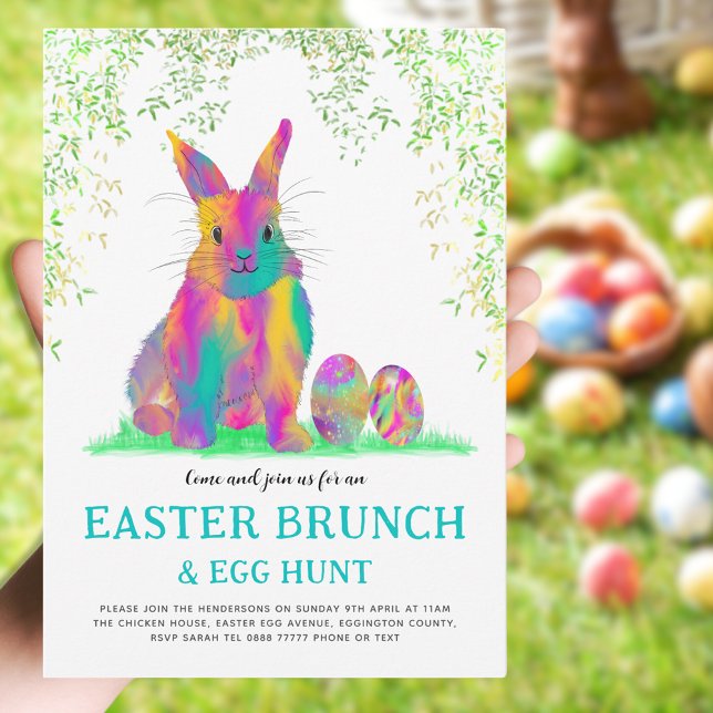 Invitación Caza de huevos de conejo de Pascua y Verde azulado (Easter brunch and egg hunt cute colorful Easter bunny invitation)