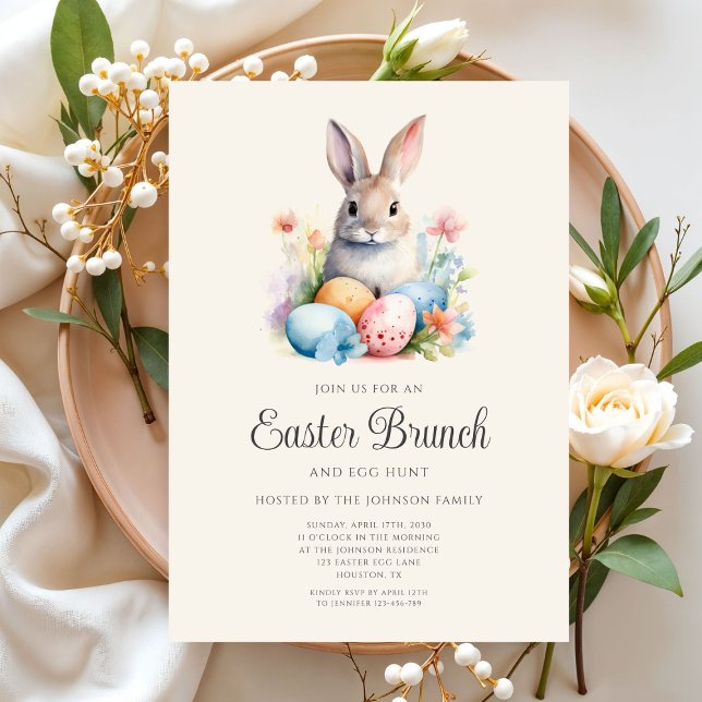 Invitación Caza De Huevos De Conejo Y Brunch De Pascua (Cute Bunny Egg Hunt And Easter Brunch Invitation)