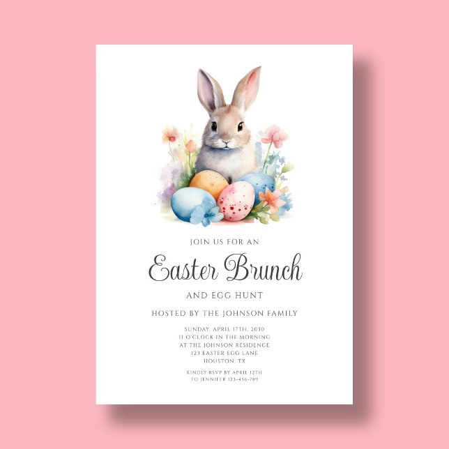 Invitación Caza De Huevos De Conejo Y Brunch De Pascua (Cute Bunny Egg Hunt And Easter Brunch Invitation)