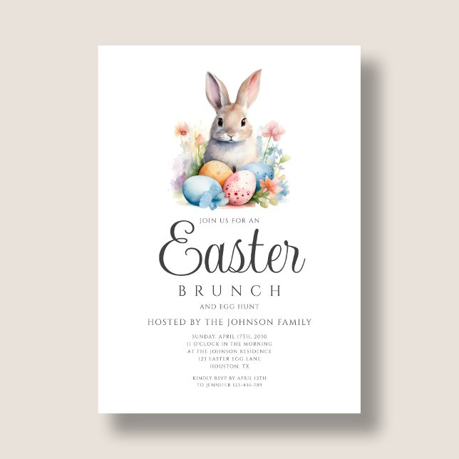 Invitación Caza De Huevos De Conejo Y Brunch De Pascua (Cute Bunny Egg Hunt And Easter Brunch Invitation)