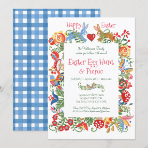 Invitación Caza de huevos de Gingham de arte popular azul de