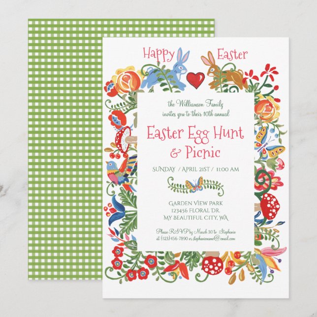 Invitación Caza de huevos de Gingham Gingham de Semana Santa (Anverso / Reverso)