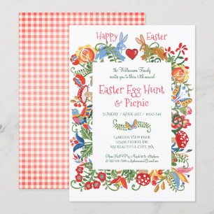 Invitación Caza de huevos de Gingham rosa de Conejo de Arte P
