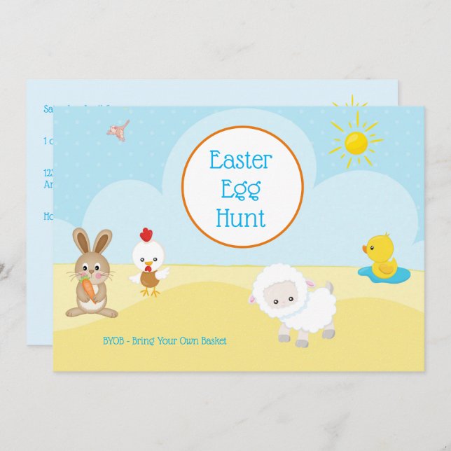 Invitación Caza de huevos de Pascua BYOB con animales adorabl (Anverso / Reverso)