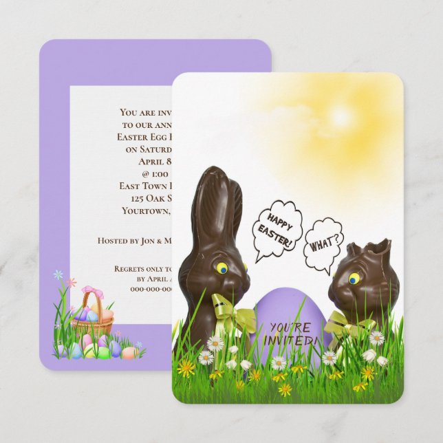 Invitación Caza de huevos de Pascua con conejo de chocolate (Anverso / Reverso)