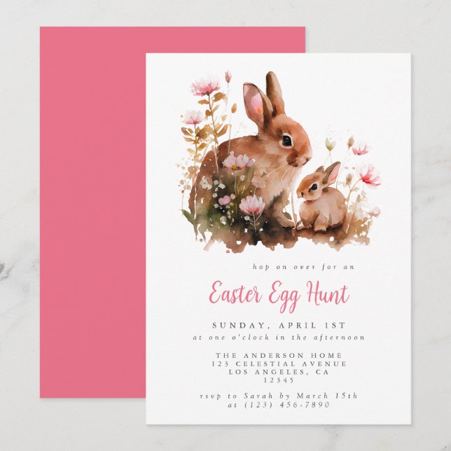 Invitación Caza de Huevos de Pascua con Conejo Floral Acuarel (Anverso / Reverso)