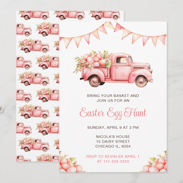 Invitación Caza de huevos de pascua de camiones rosados (Anverso / Reverso)