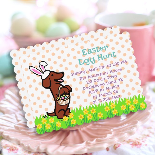 Invitación Caza de huevos de pascua de Dachshund, suave y roj (Easter Egg Red Smooth Haired Dachshund Invitation for Easter Egg Hunt.  Cute Dog Cartoon Design.)