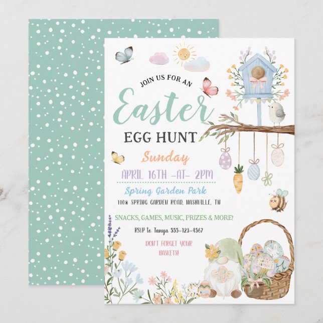 Invitación Caza de huevos de Pascua de Gnomos pastel (Anverso / Reverso)