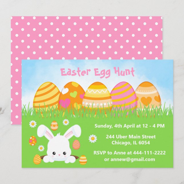 Invitación Caza de huevos de Pascua en amarillo, Naranja y ro (Anverso / Reverso)