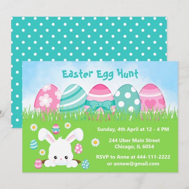 Invitación Caza de huevos de Pascua en azul rosa y turquesa (Anverso / Reverso)