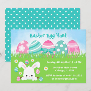 Invitación Caza de huevos de Pascua en azul rosa y turquesa