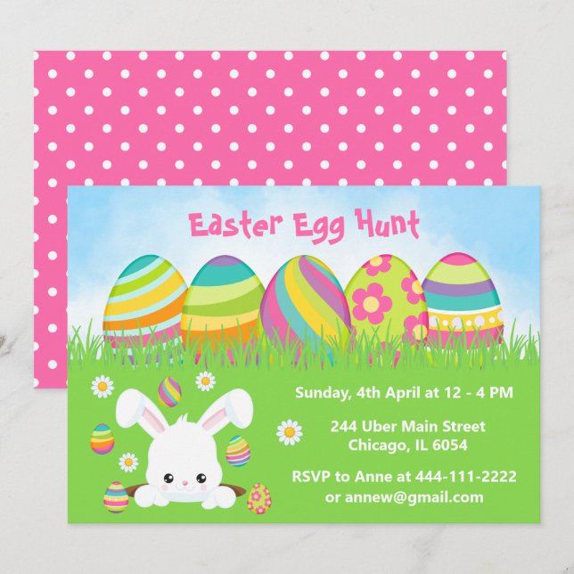 Invitación Caza de huevos de Pascua en rosa, morado y verde (Anverso / Reverso)