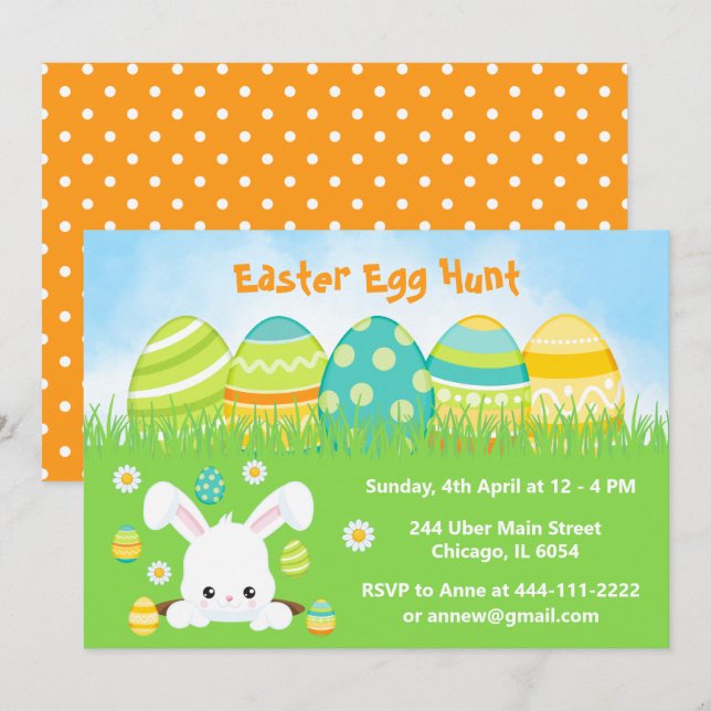 Invitación Caza de huevos de Pascua en verde y amarillo (Anverso / Reverso)