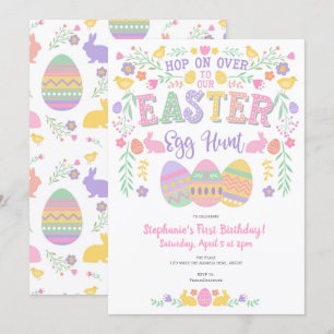 Invitación Caza de huevos de Pascua, primavera, conejito, Fie