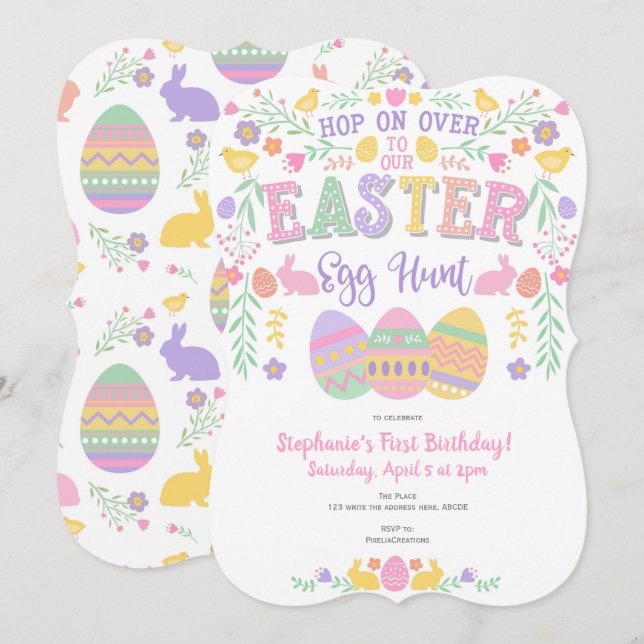 Invitación Caza de huevos de Pascua, primavera, conejito, Fie (Anverso / Reverso)