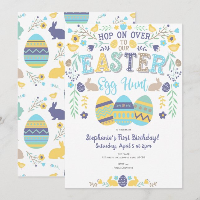 Invitación Caza de huevos de Pascua, primavera, conejito, Fie (Anverso / Reverso)