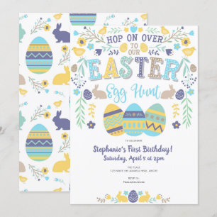 Invitación Caza de huevos de Pascua, primavera, conejito, Fie