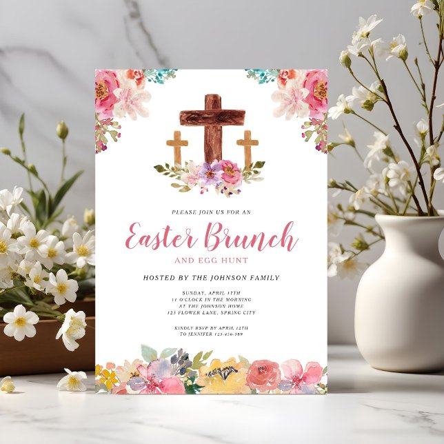 Invitación Caza de Huevos de Pascua Religiosa con Acuarela Fl (Floral Watercolor Religious Easter Brunch Egg Hunt Invitation)