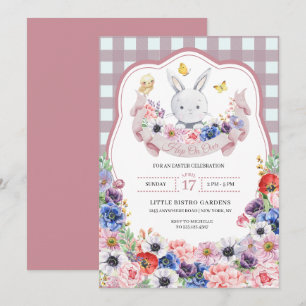 Invitación Caza de huevos de Pascua rosados con conejo y flor