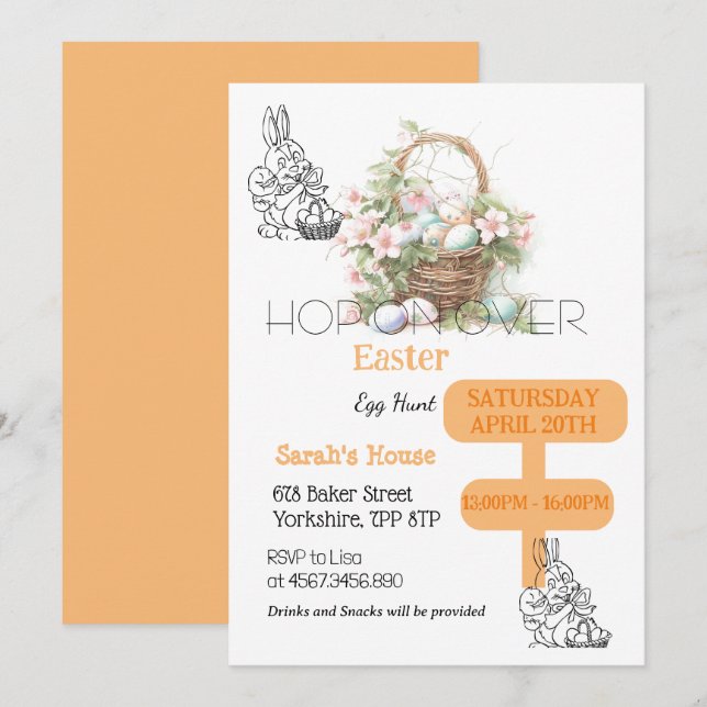 Invitación Caza De Huevos De Pascua Sobre Bunny Brunch (Anverso / Reverso)