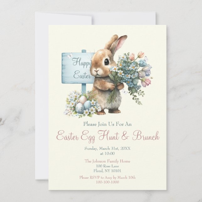 Invitación Caza de huevos de Pascua y Brunch acuarela (Anverso)