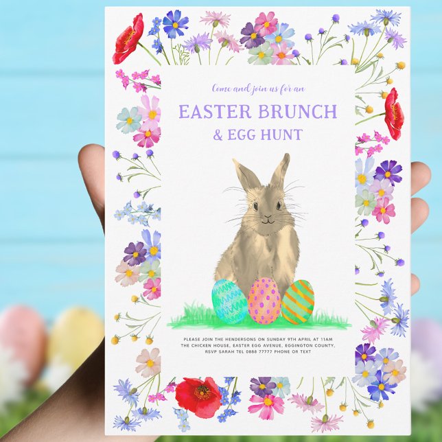 Invitación Caza de huevos de Pascua y Brunch Bunny Floral (Easter brunch and egg hunt custom invitation cute bunny and eggs with watercolor wildflower floral)
