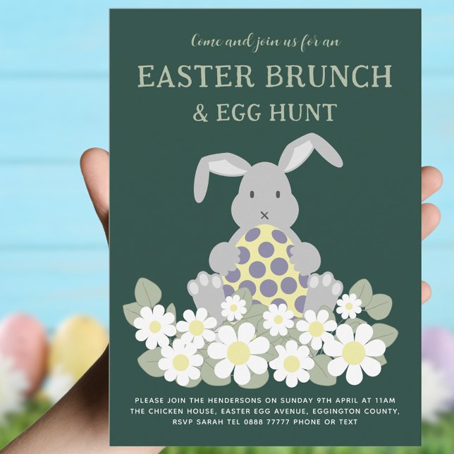 Invitación Caza de huevos de Pascua y Brunch dulce Bunny Flor (Easter brunch and egg hunt cute bunny floral invitation green yellow gray purple)