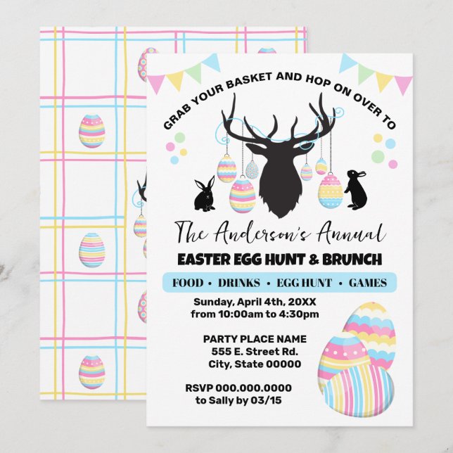 Invitación Caza de huevos de pascua y ciervo de brunch con co (Anverso / Reverso)