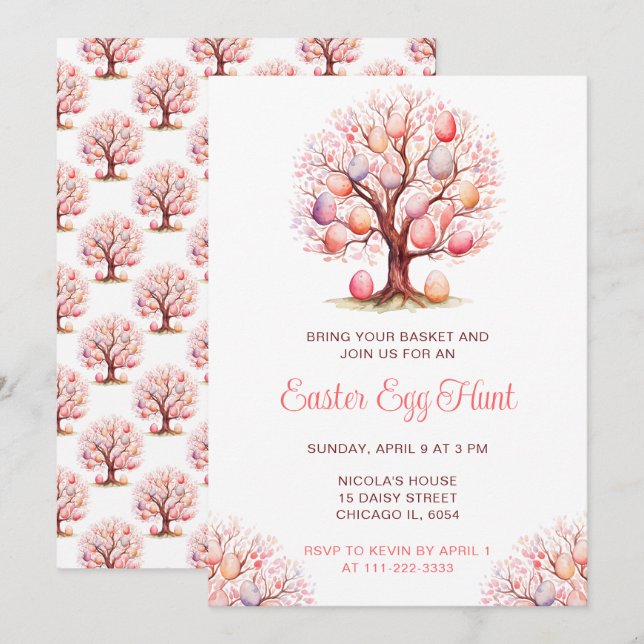 Invitación Caza de huevos de primavera en el árbol de primave (Anverso / Reverso)