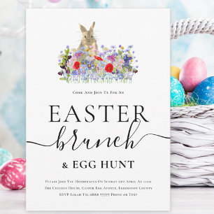 Invitación Caza de huevos del conejo de Pascua y flores silve