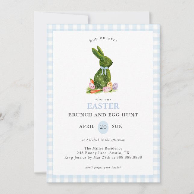 Invitación Caza de huevos y brunch de pascua de Gingham azul  (Anverso)