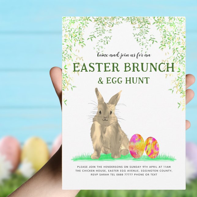 Invitación Caza de huevos y brunch para conejo de pascua (Watercolor easter bunny egg hunt and brunch invitation)