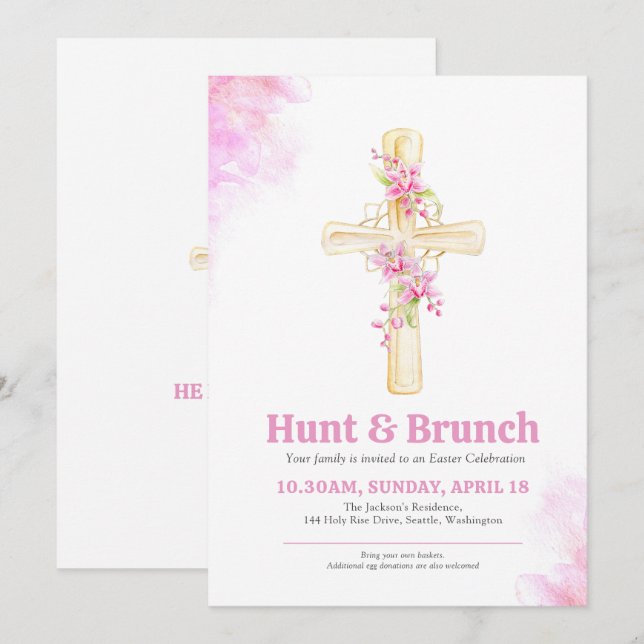 Invitación Caza de Pascua Cruzada y Brunch Floral Rosa orquíd (Anverso / Reverso)