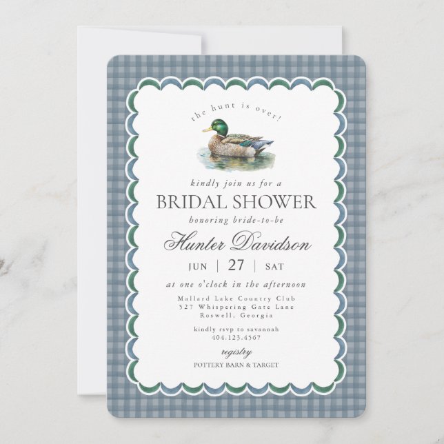 Invitación Caza de pato Mallard Blue Gingham Bridal Shower (Anverso)