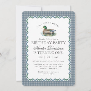 Invitación Caza de patos reales azul a cuadros primer cumplea