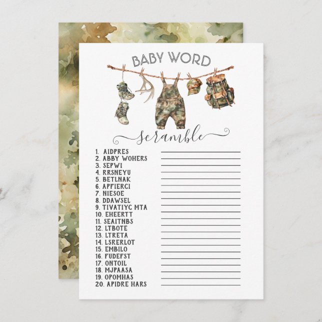Invitación Caza de ropa de camo línea de bebé Word estribar (Anverso / Reverso)