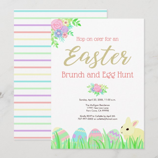 Invitación Caza floral linda del huevo del brunch del conejo (Anverso / Reverso)
