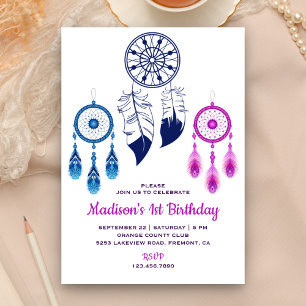 Invitación Cazador de sueños boho tribal azul rosa Fiesta de