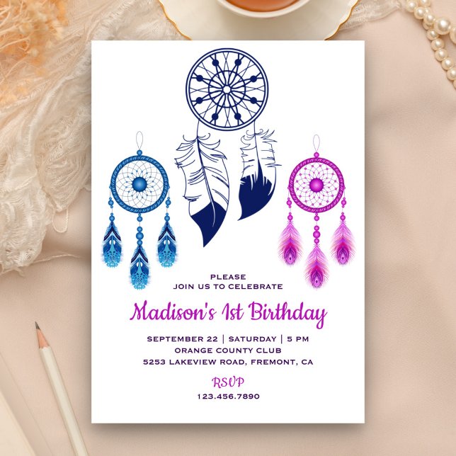 Invitación Cazador de sueños boho tribal azul rosa Fiesta de  (Subido por el creador)
