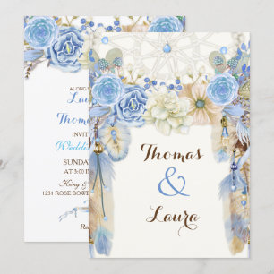 Invitación Cazador de sueños tribal boho acuarela azul beige
